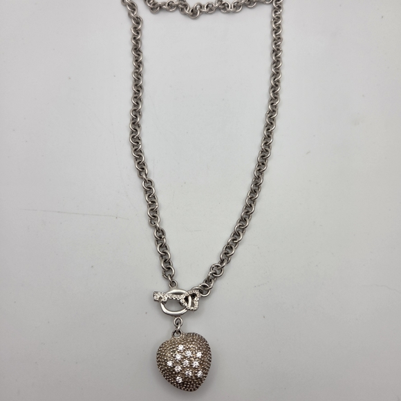 Puffy Heart Rhinestones Silver 925 Necklace Chain Front Toggle Clasp 18" - Picture 6 of 8